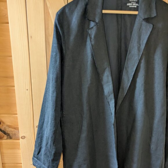 Majestic Filatures Raw Edge Linen Open Front Blazer Black Long Jacket Size 4 - Picture 2 of 9